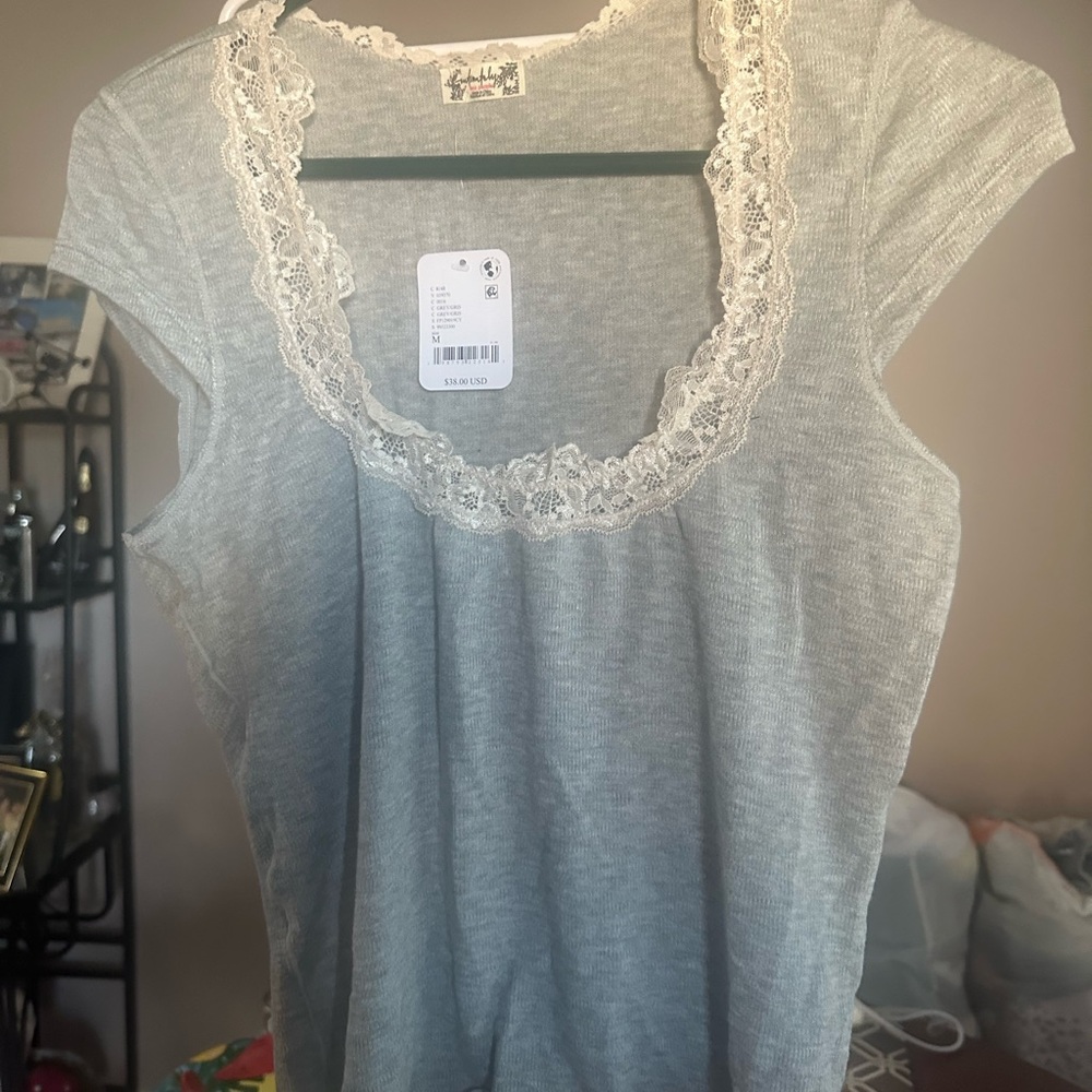 FP Movement by Free People Light Gray Lace Trim Blouse